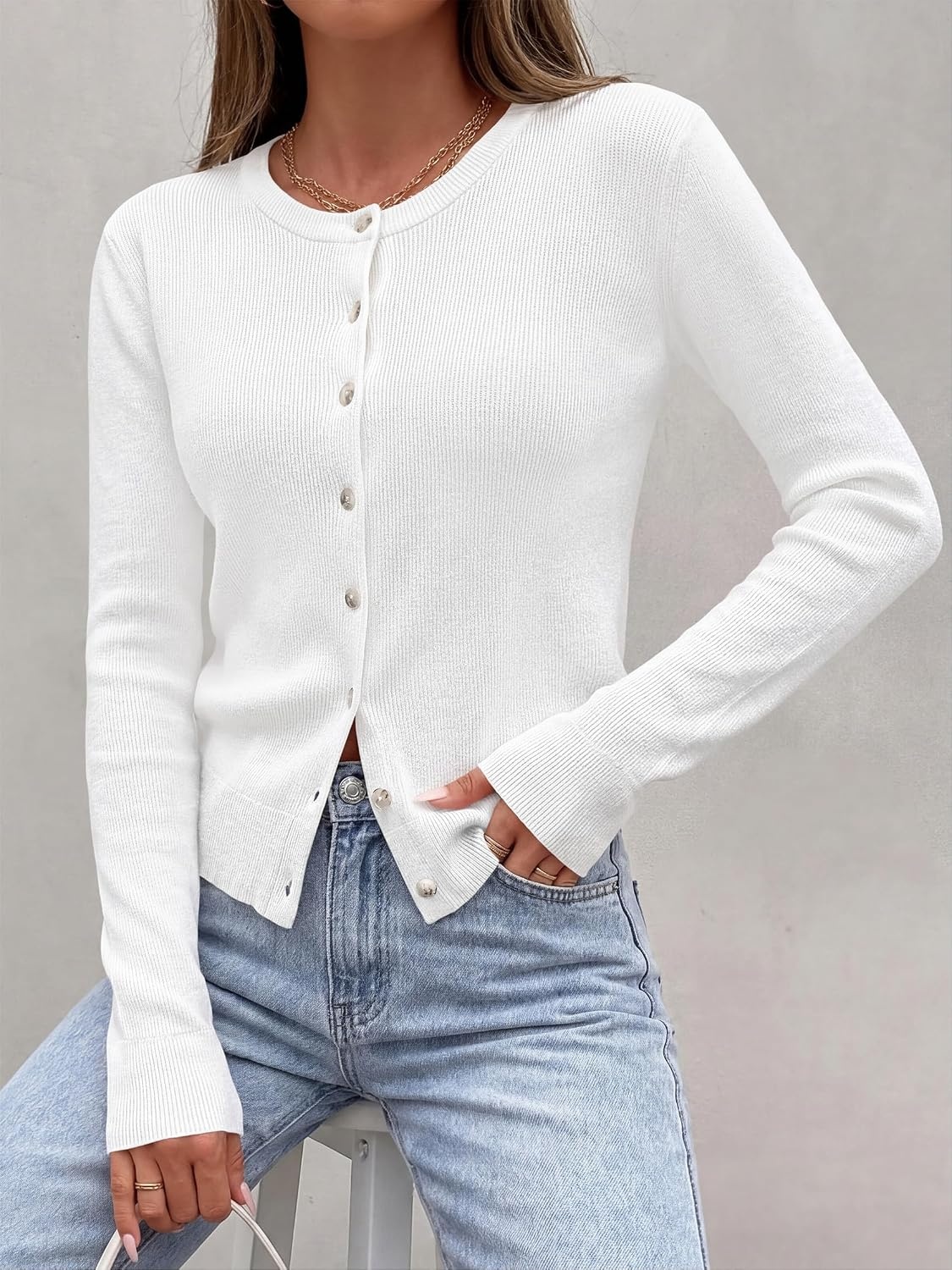 image:imagePRETTYGARDEN Fall Fitted Cardigan Sweaters for Women Button DownWhite