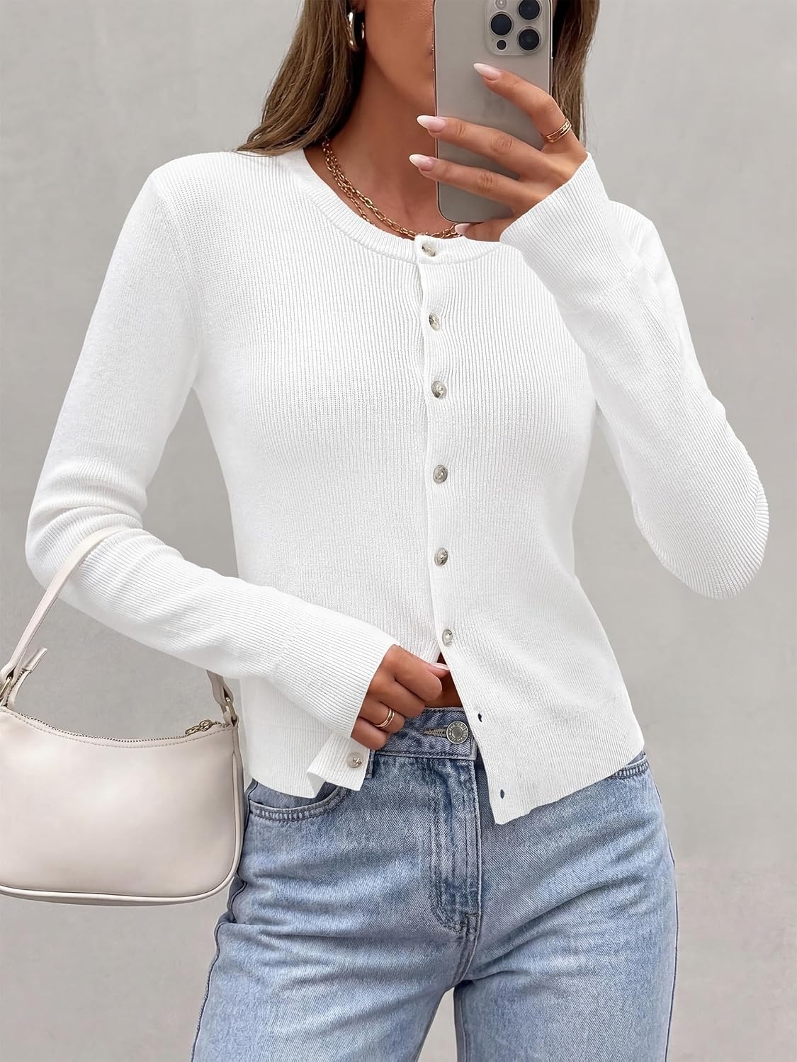 image:imagePRETTYGARDEN Fall Fitted Cardigan Sweaters for Women Button DownWhite