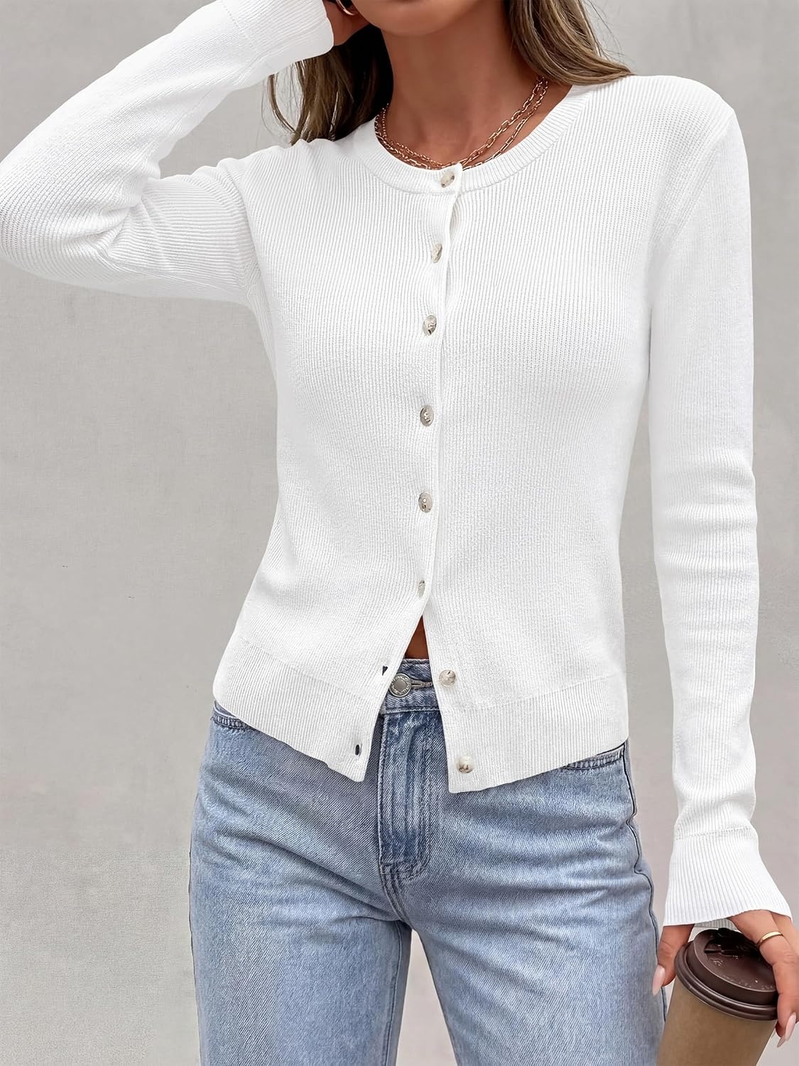 image:imagePRETTYGARDEN Fall Fitted Cardigan Sweaters for Women Button DownWhite