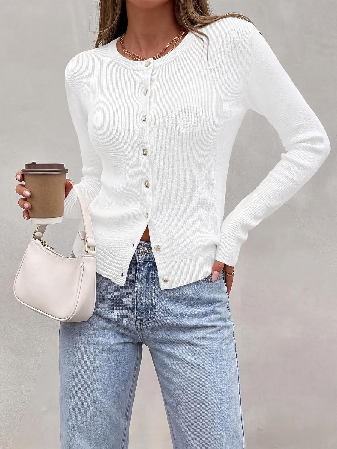 image:imagePRETTYGARDEN Fall Fitted Cardigan Sweaters for Women Button DownWhite
