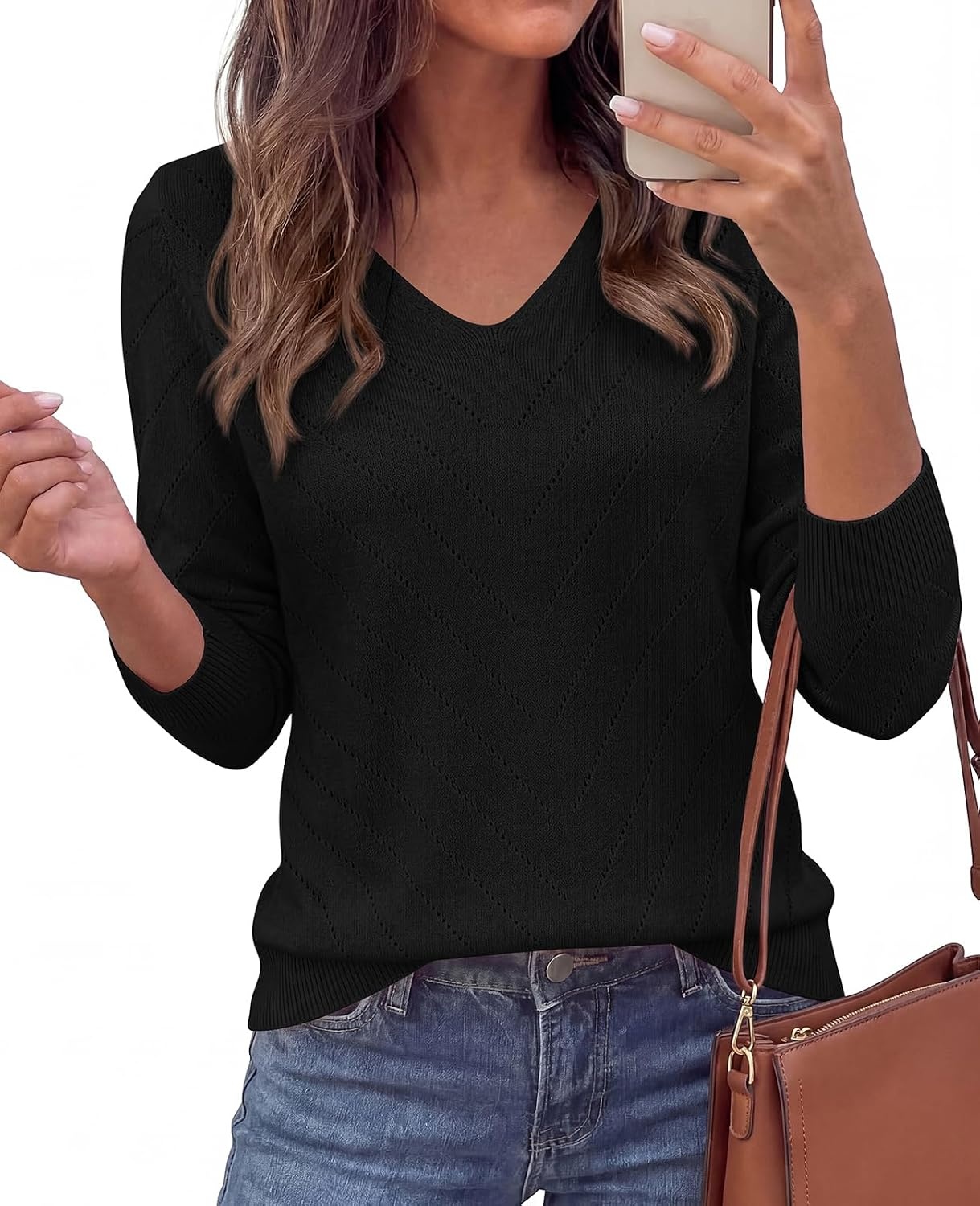 image:imagePRETTYGARDEN Long Sleeve V Neck Hollow Out Pullover Sweaters for WomenBlack