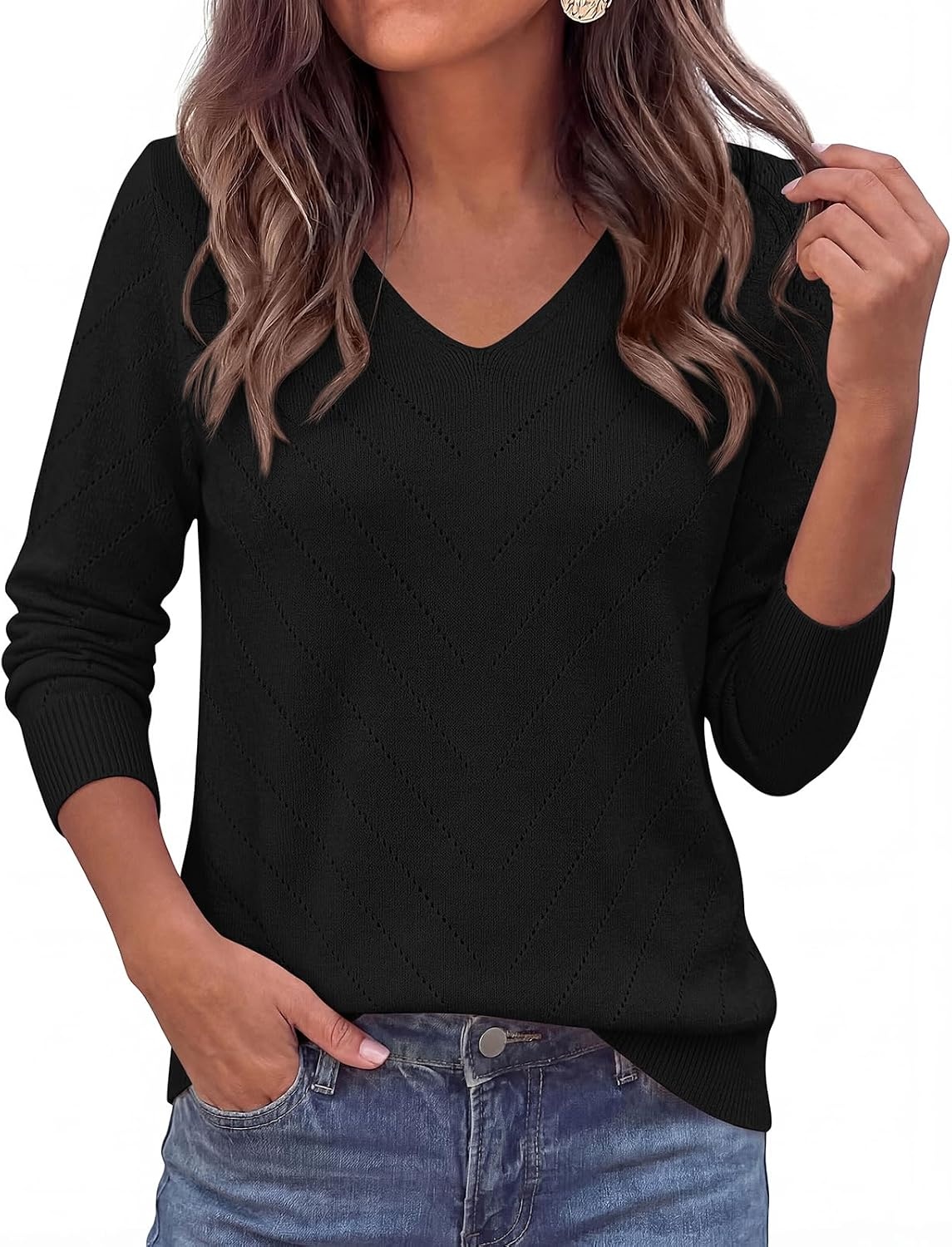 image:imagePRETTYGARDEN Long Sleeve V Neck Hollow Out Pullover Sweaters for WomenBlack