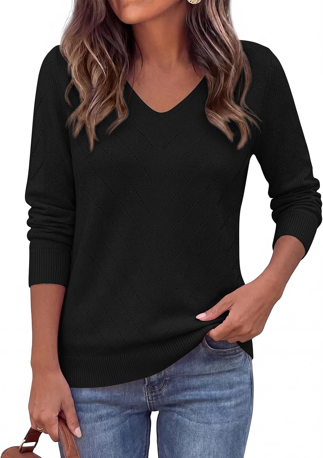 image:imagePRETTYGARDEN Long Sleeve V Neck Hollow Out Pullover Sweaters for WomenBlack