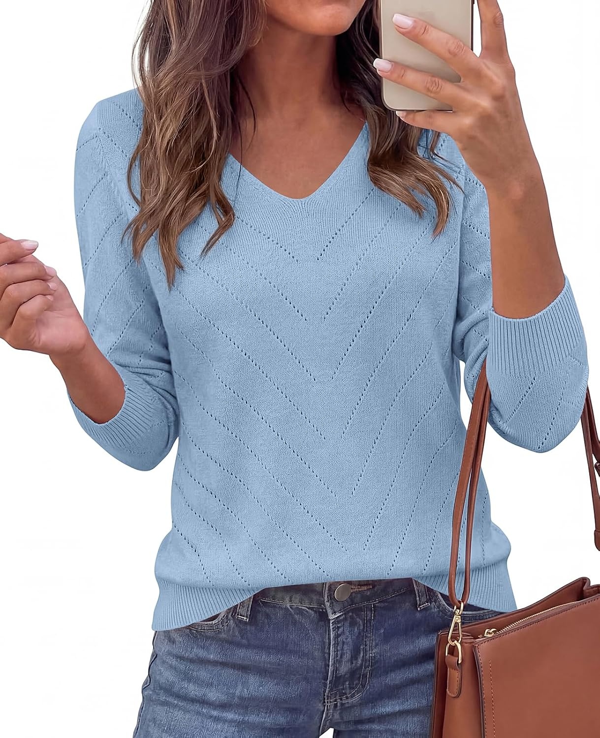 image:imagePRETTYGARDEN Long Sleeve V Neck Hollow Out Pullover Sweaters for WomenBlue
