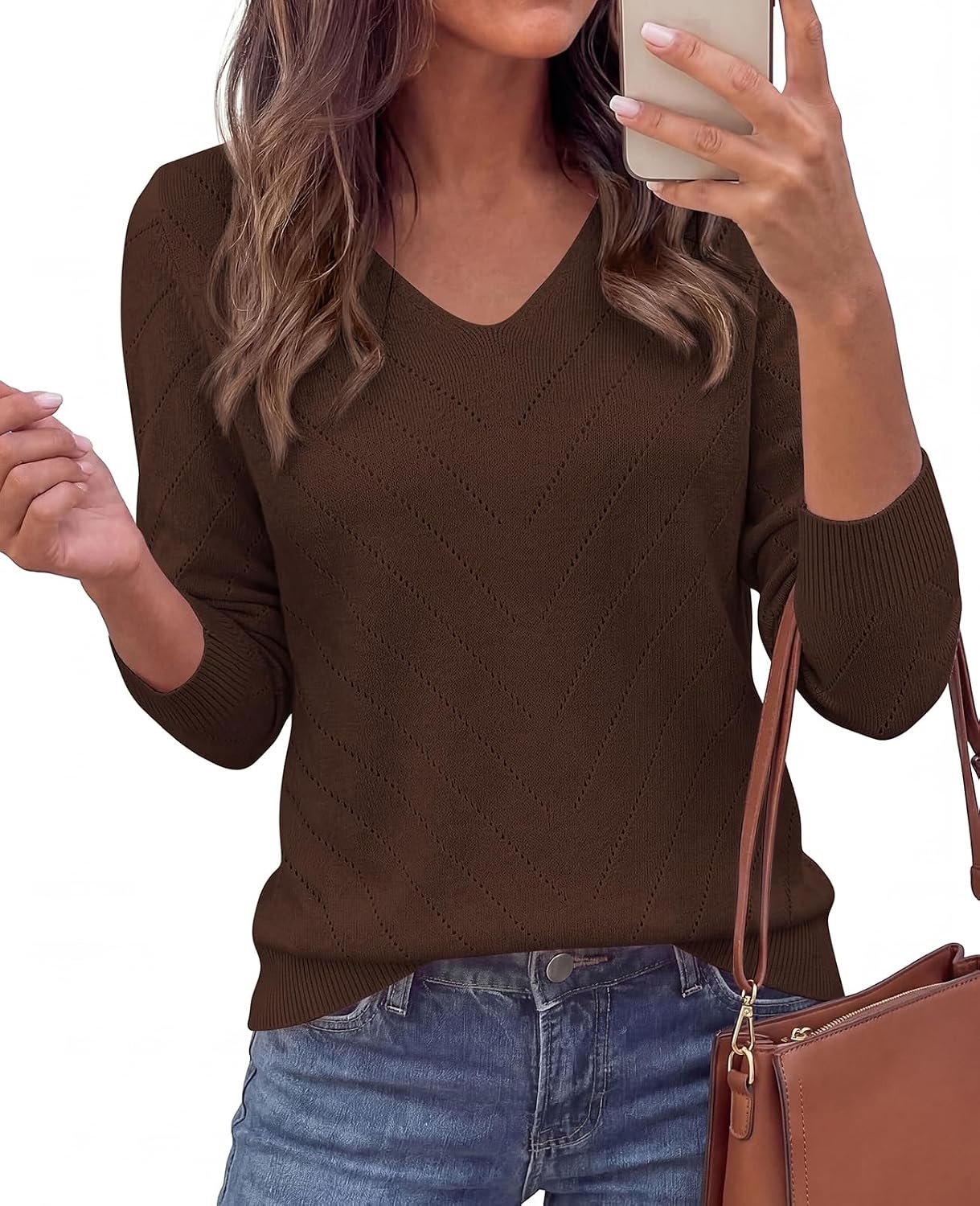 image:imagePRETTYGARDEN Long Sleeve V Neck Hollow Out Pullover Sweaters for WomenBrown