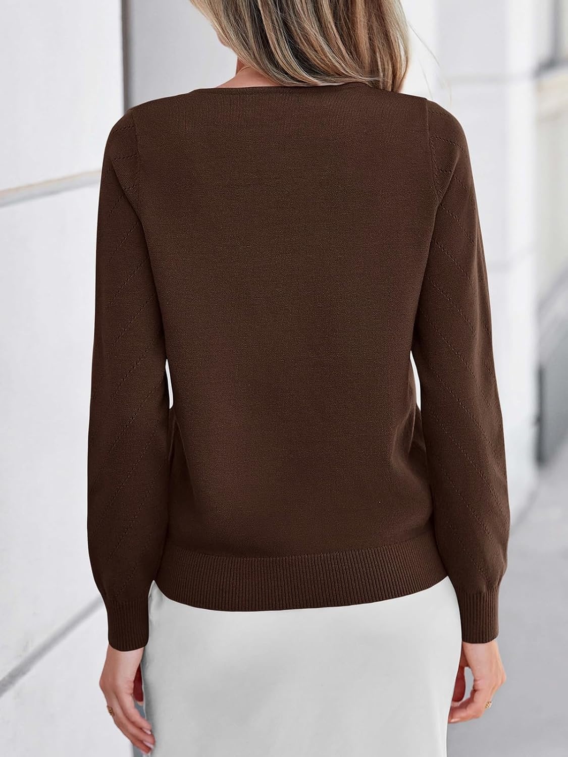 image:imagePRETTYGARDEN Long Sleeve V Neck Hollow Out Pullover Sweaters for WomenBrown
