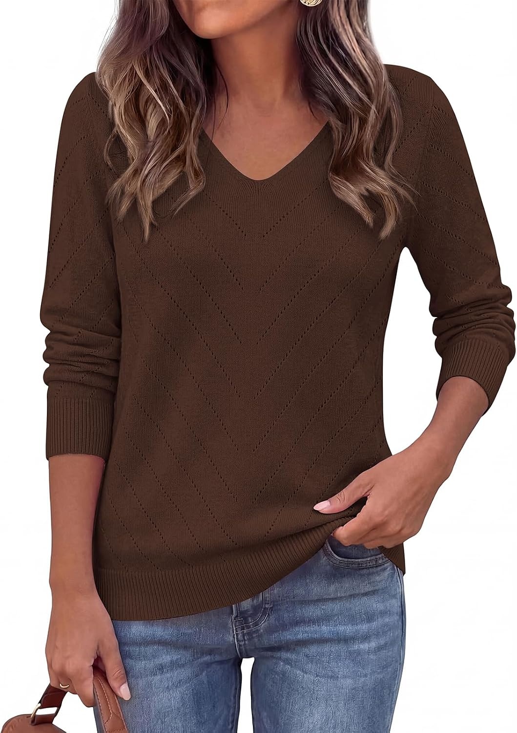 image:imagePRETTYGARDEN Long Sleeve V Neck Hollow Out Pullover Sweaters for WomenBrown