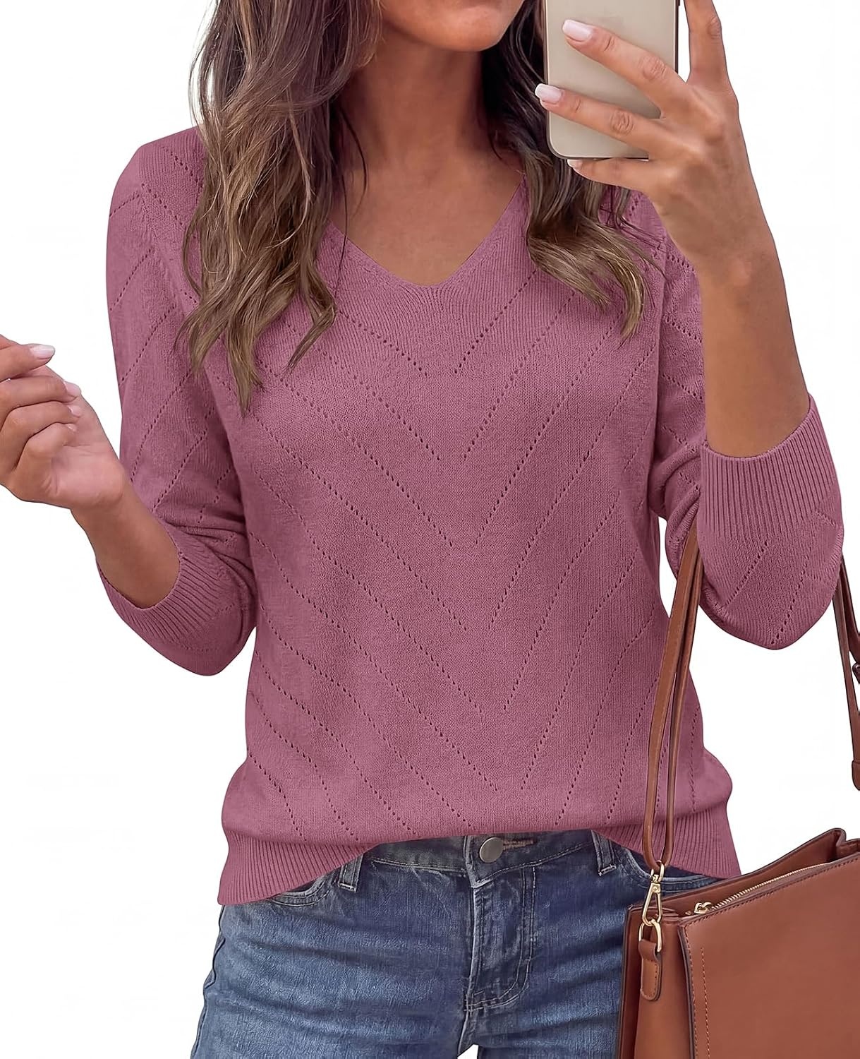 image:imagePRETTYGARDEN Long Sleeve V Neck Hollow Out Pullover Sweaters for WomenPurple