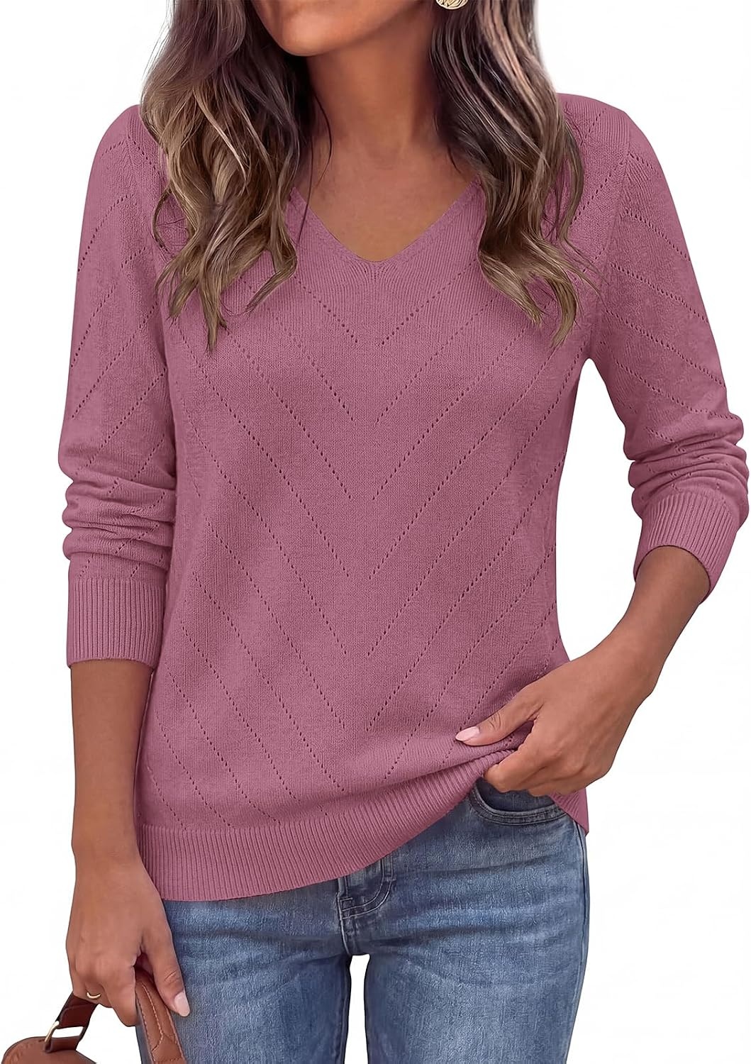 image:imagePRETTYGARDEN Long Sleeve V Neck Hollow Out Pullover Sweaters for WomenPurple