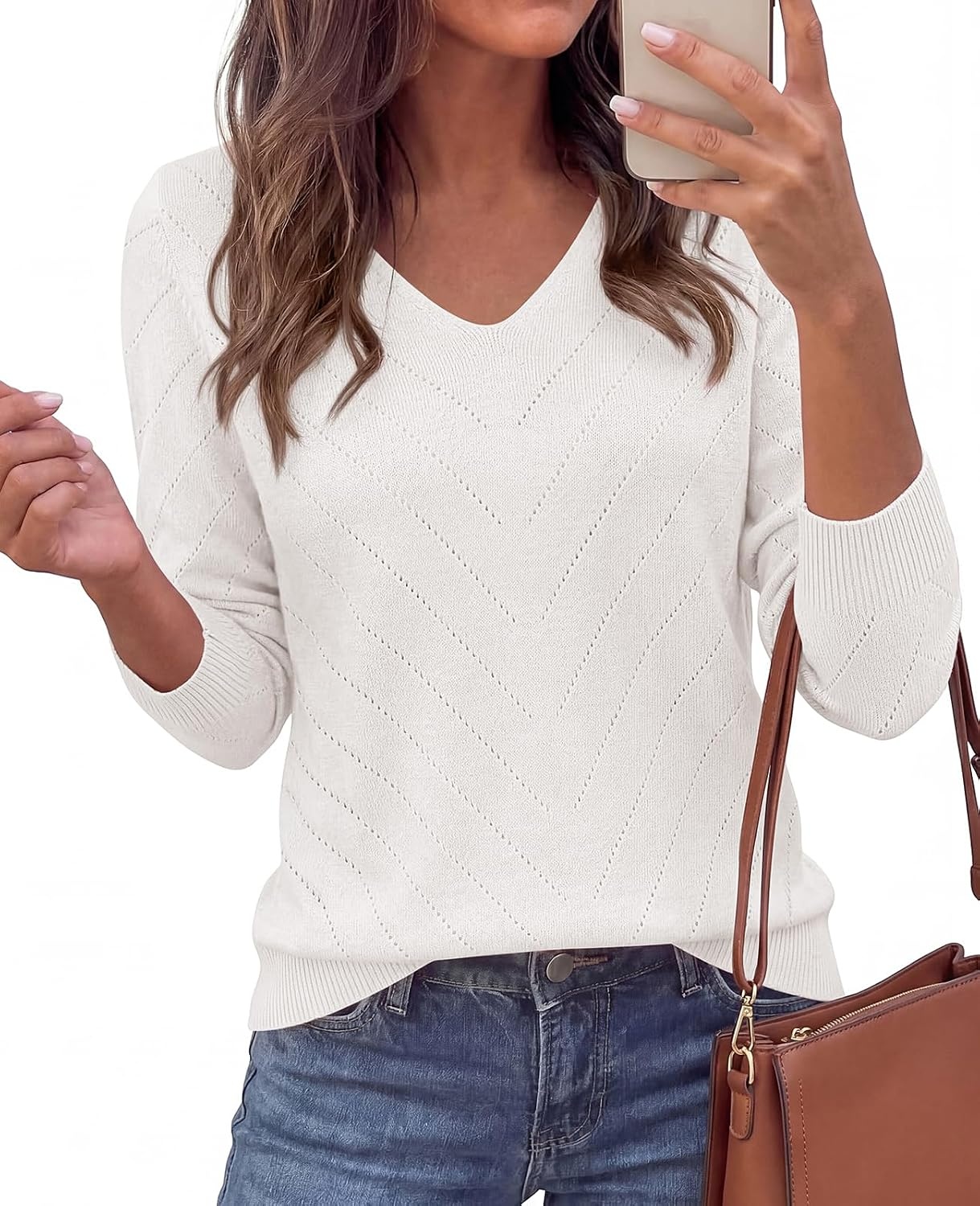 image:imagePRETTYGARDEN Long Sleeve V Neck Hollow Out Pullover Sweaters for WomenWhite