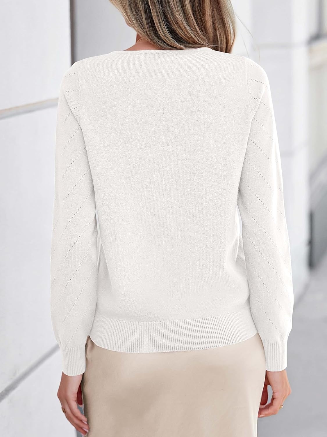 image:imagePRETTYGARDEN Long Sleeve V Neck Hollow Out Pullover Sweaters for WomenWhite