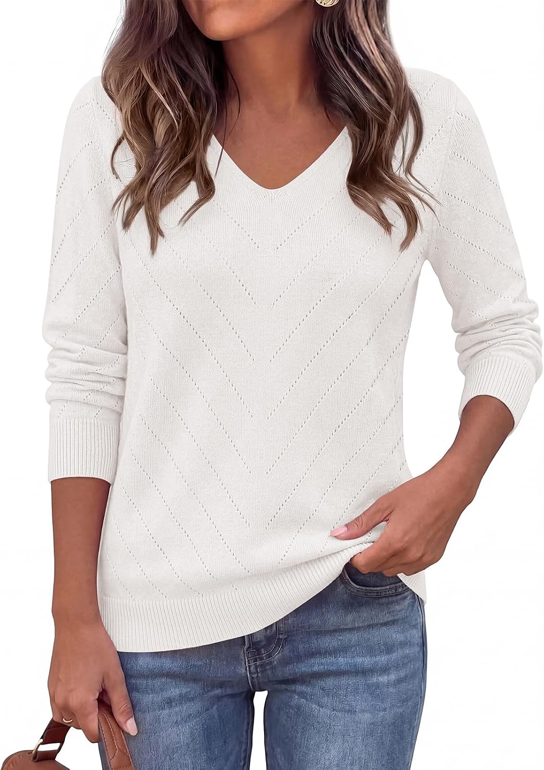 image:imagePRETTYGARDEN Long Sleeve V Neck Hollow Out Pullover Sweaters for WomenWhite