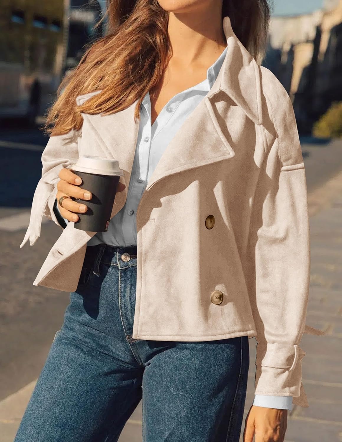 image:imagePRETTYGARDEN Women Faux Suede Double Breasted Trench Coat Cropped JacketsBeige