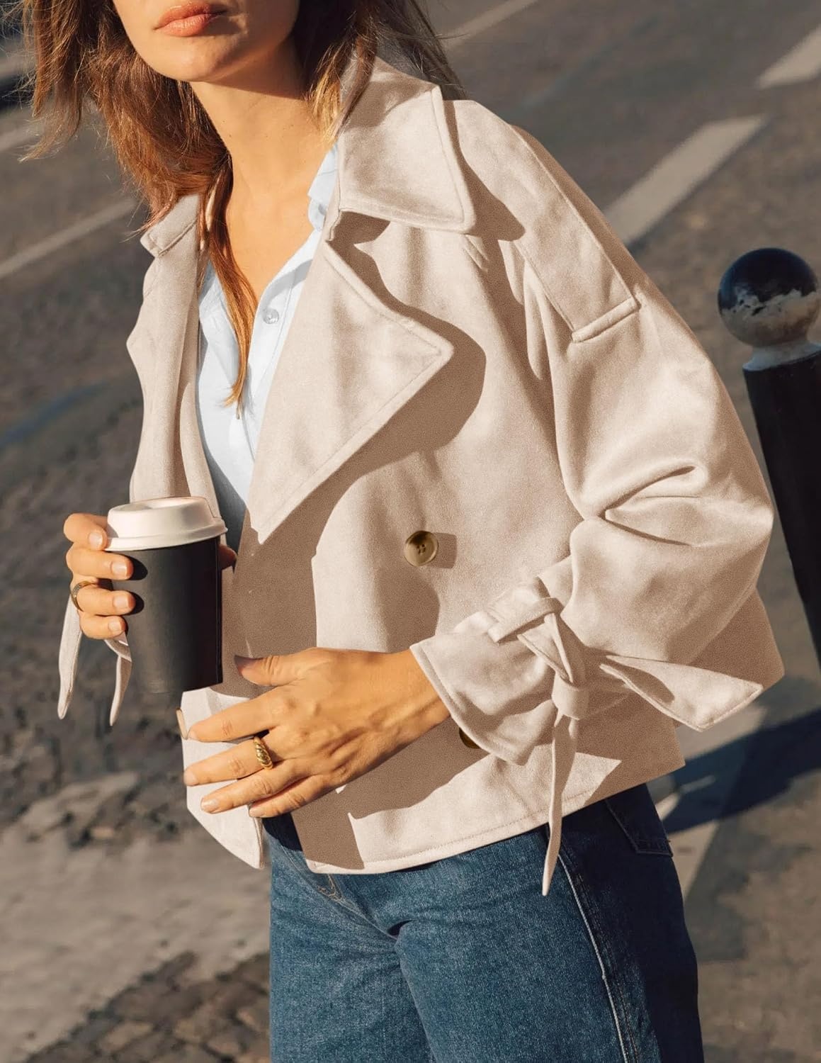 image:imagePRETTYGARDEN Women Faux Suede Double Breasted Trench Coat Cropped JacketsBeige