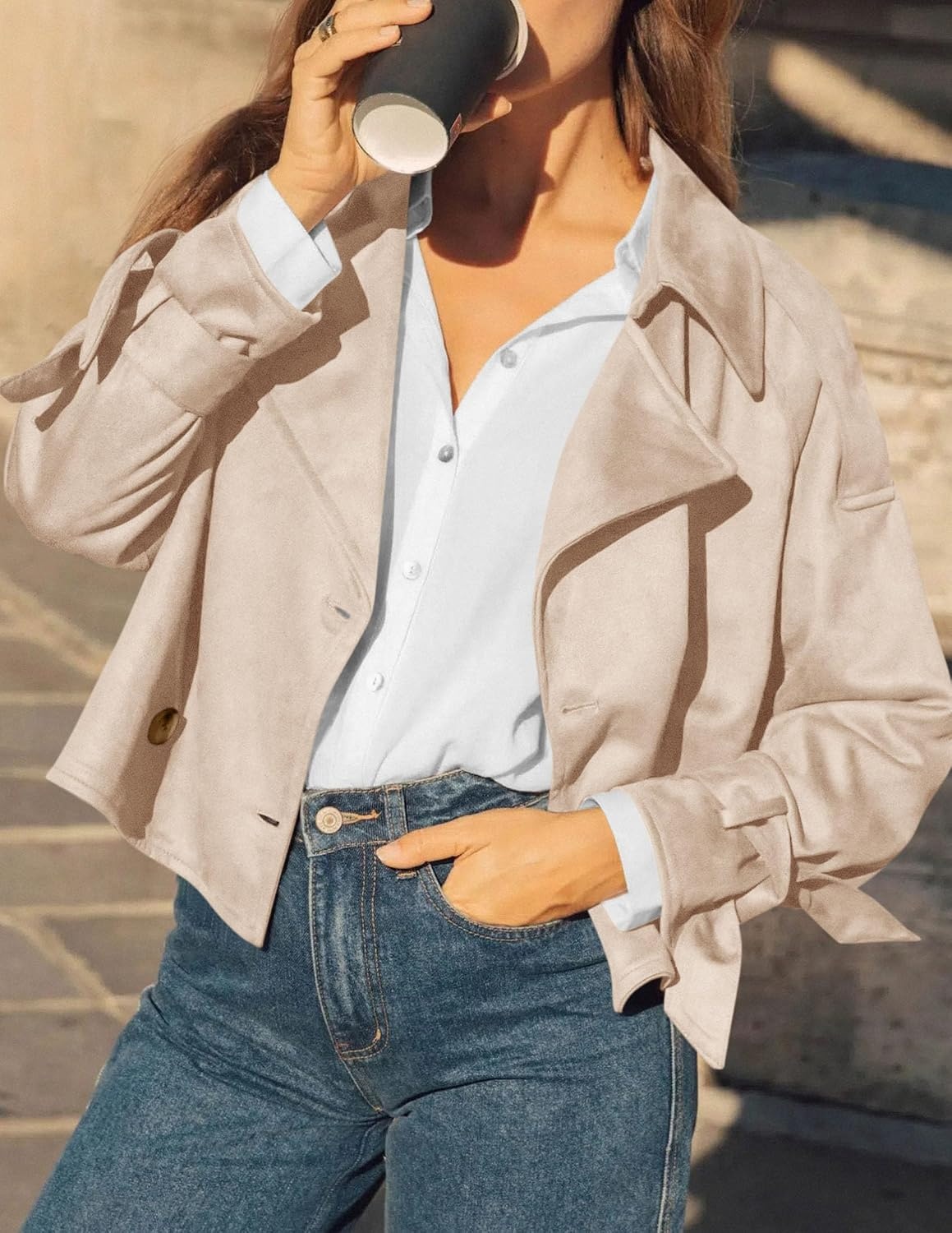 image:imagePRETTYGARDEN Women Faux Suede Double Breasted Trench Coat Cropped JacketsBeige
