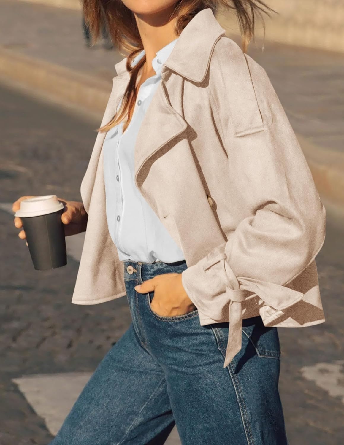 image:imagePRETTYGARDEN Women Faux Suede Double Breasted Trench Coat Cropped JacketsBeige
