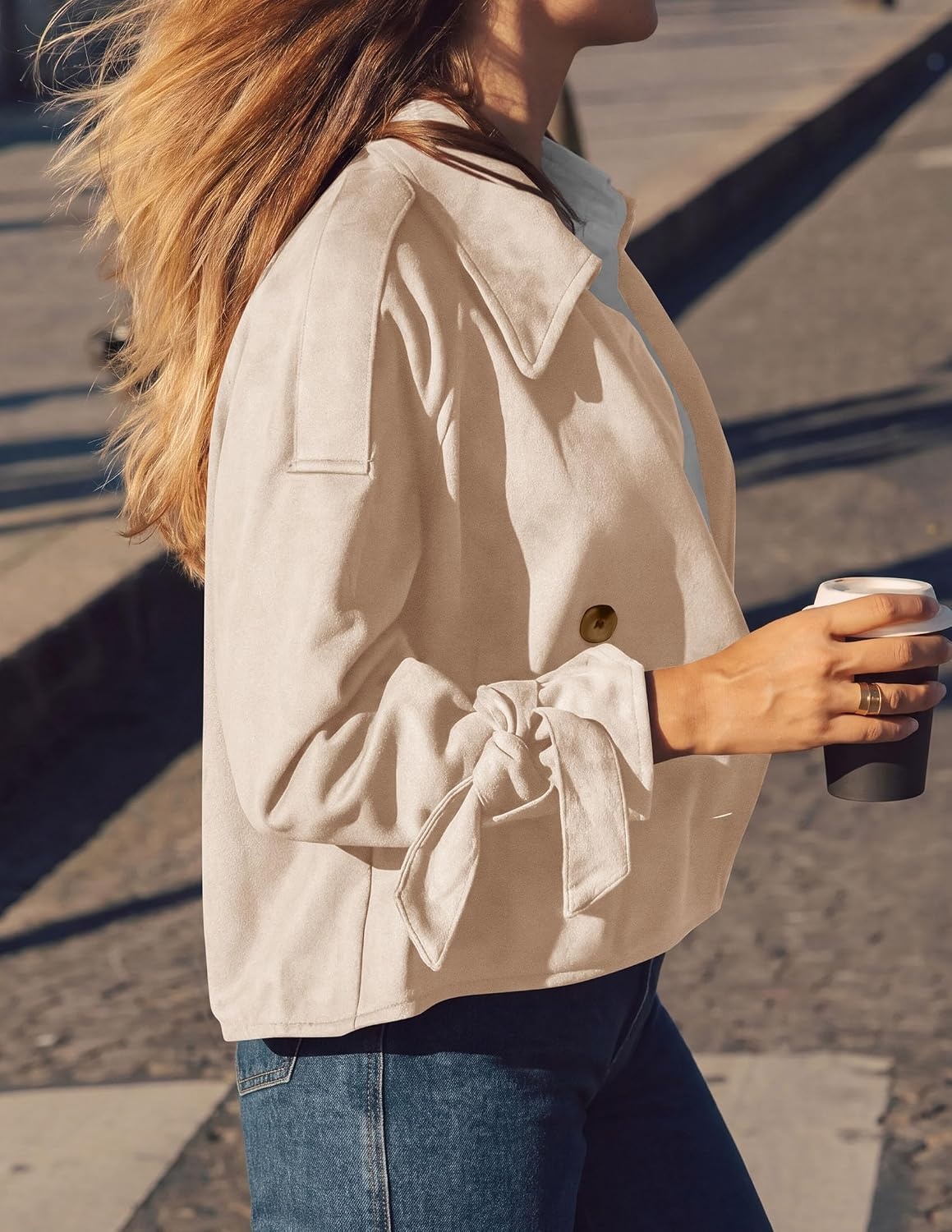 image:imagePRETTYGARDEN Women Faux Suede Double Breasted Trench Coat Cropped JacketsBeige