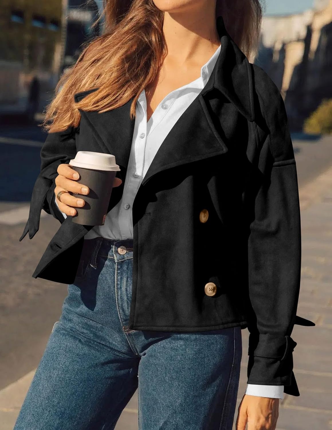 image:imagePRETTYGARDEN Women Faux Suede Double Breasted Trench Coat Cropped JacketsBlack