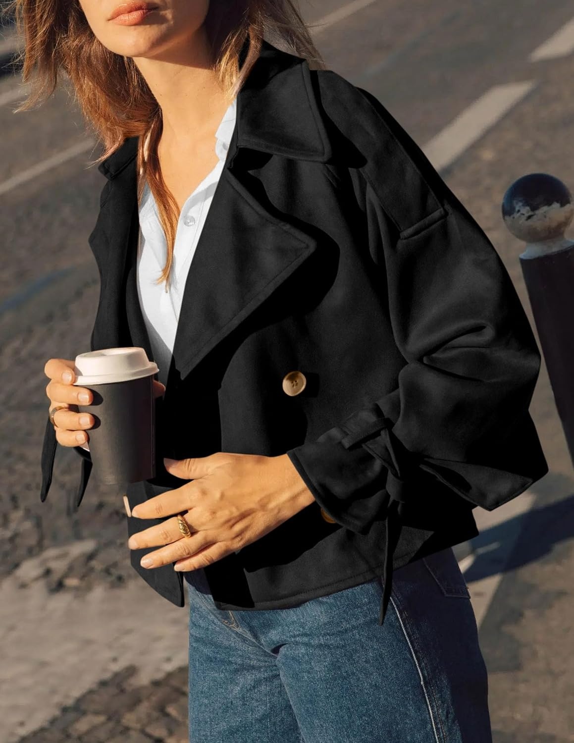 image:imagePRETTYGARDEN Women Faux Suede Double Breasted Trench Coat Cropped JacketsBlack