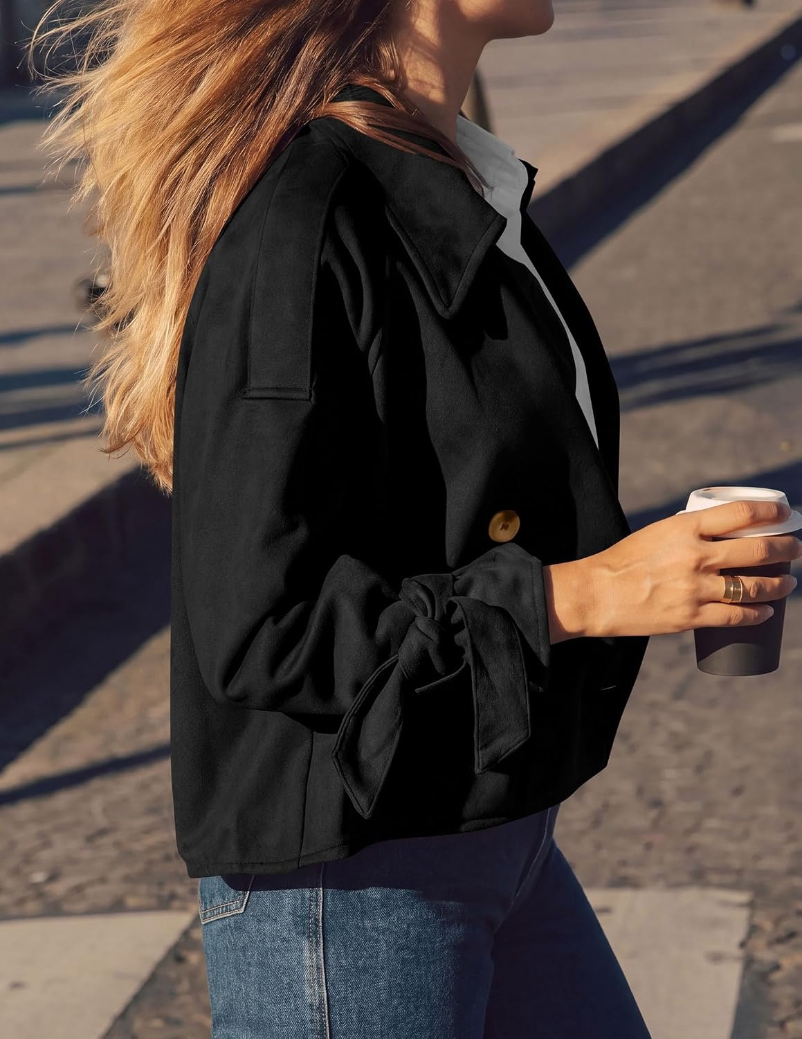 image:imagePRETTYGARDEN Women Faux Suede Double Breasted Trench Coat Cropped JacketsBlack