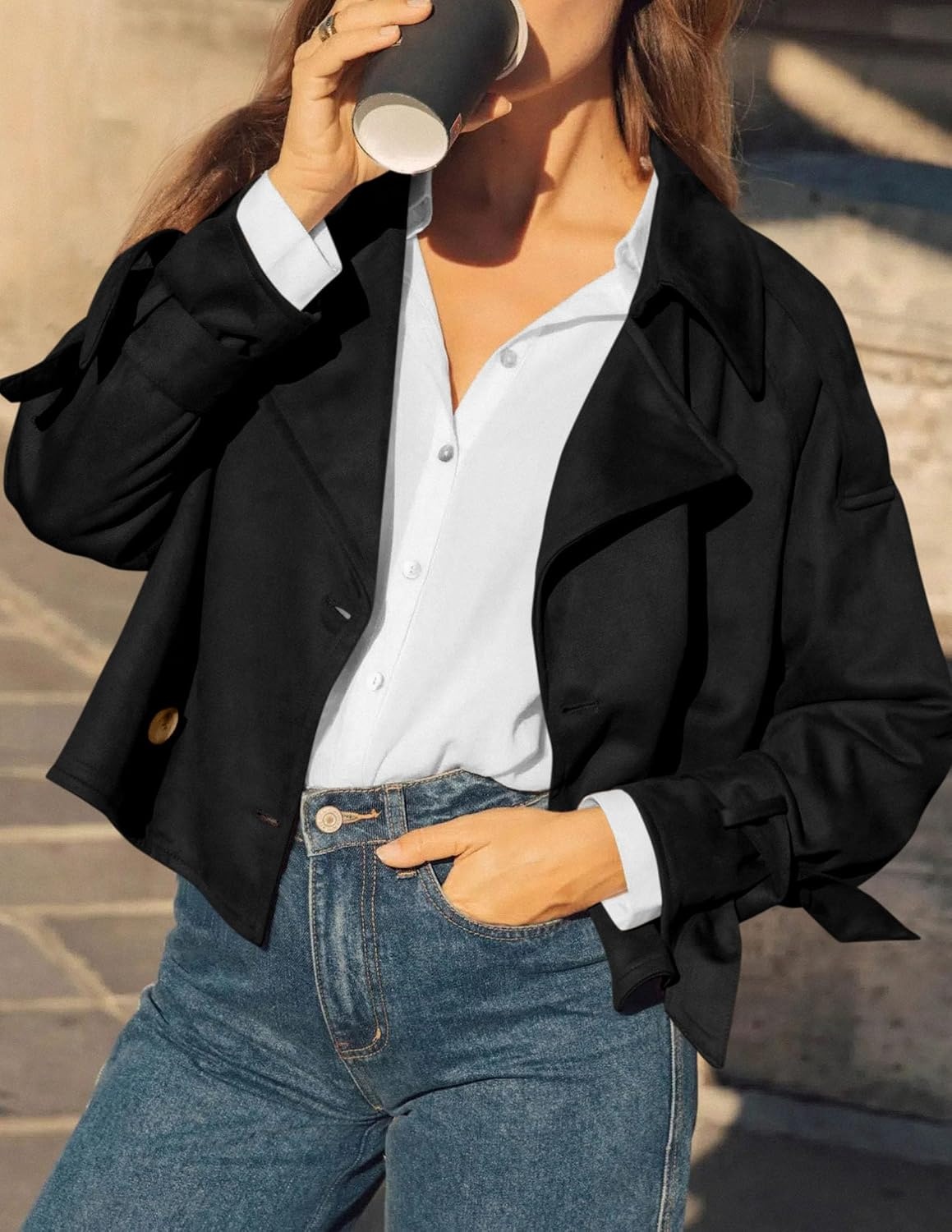 image:imagePRETTYGARDEN Women Faux Suede Double Breasted Trench Coat Cropped JacketsBlack