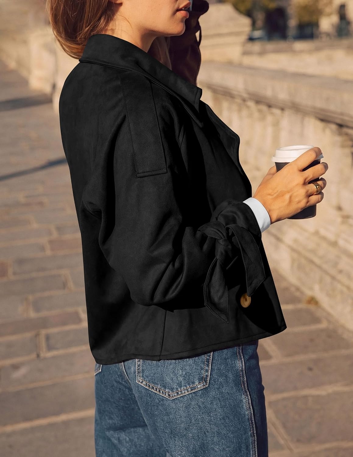 image:imagePRETTYGARDEN Women Faux Suede Double Breasted Trench Coat Cropped JacketsBlack