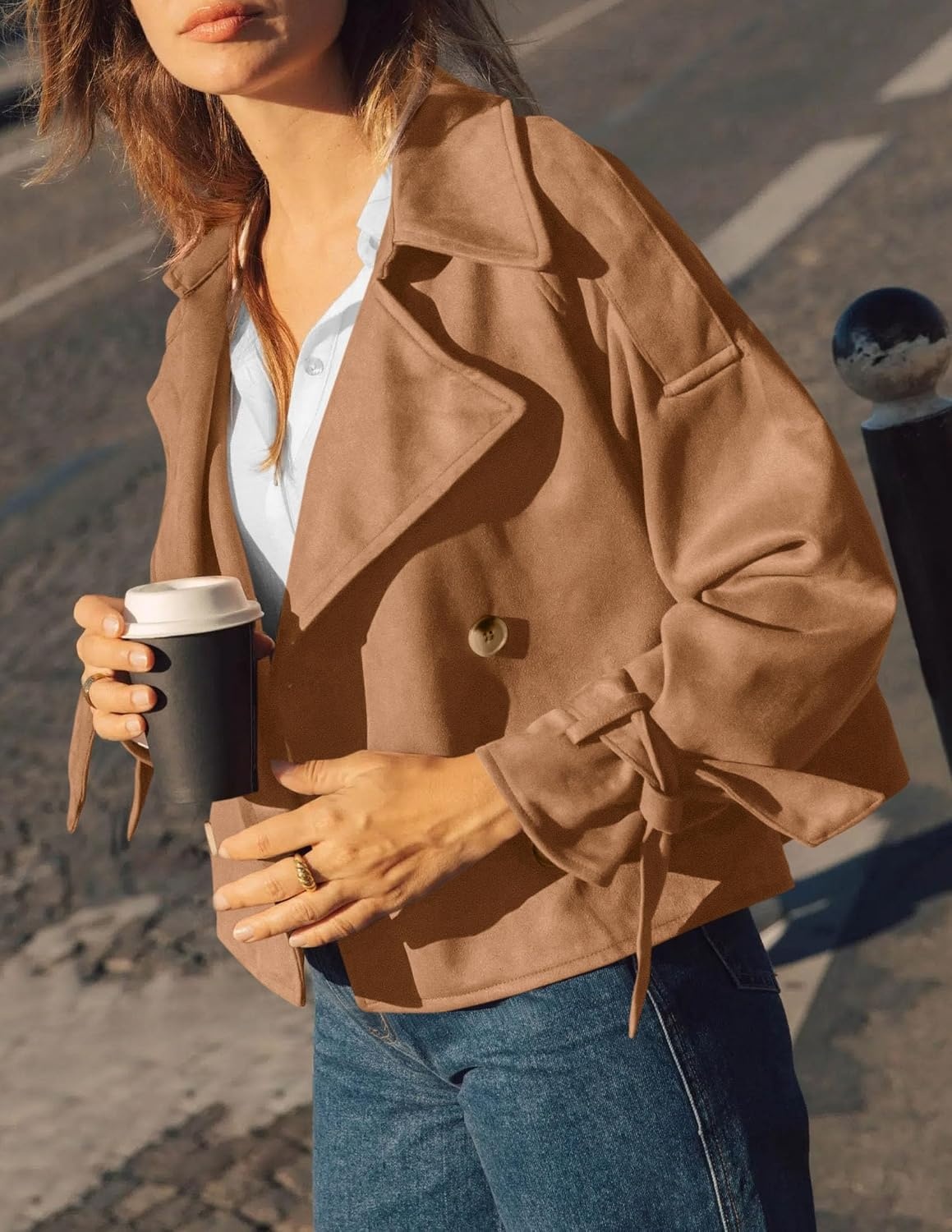 image:imagePRETTYGARDEN Women Faux Suede Double Breasted Trench Coat Cropped JacketsCamel