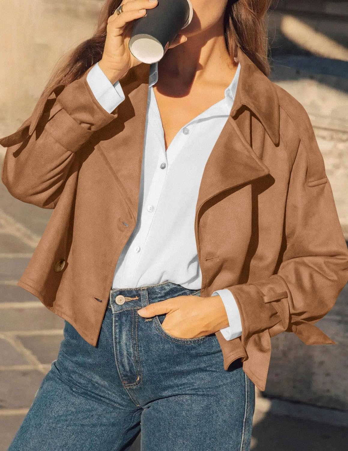 image:imagePRETTYGARDEN Women Faux Suede Double Breasted Trench Coat Cropped JacketsCamel