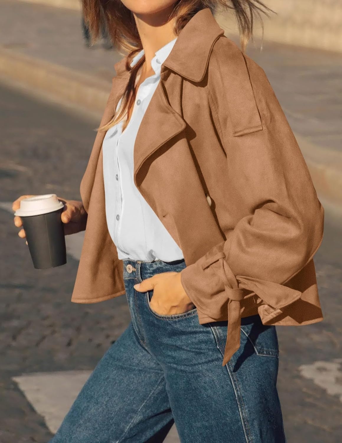 image:imagePRETTYGARDEN Women Faux Suede Double Breasted Trench Coat Cropped JacketsCamel
