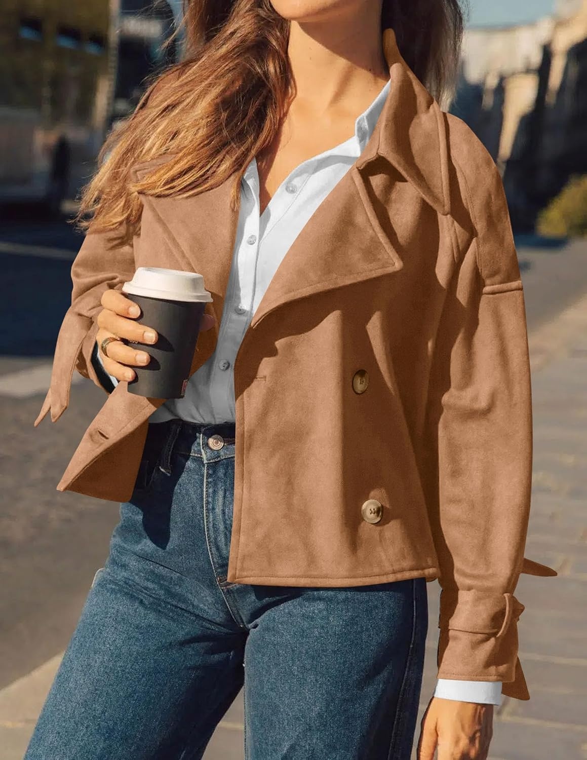 image:imagePRETTYGARDEN Women Faux Suede Double Breasted Trench Coat Cropped JacketsCamel
