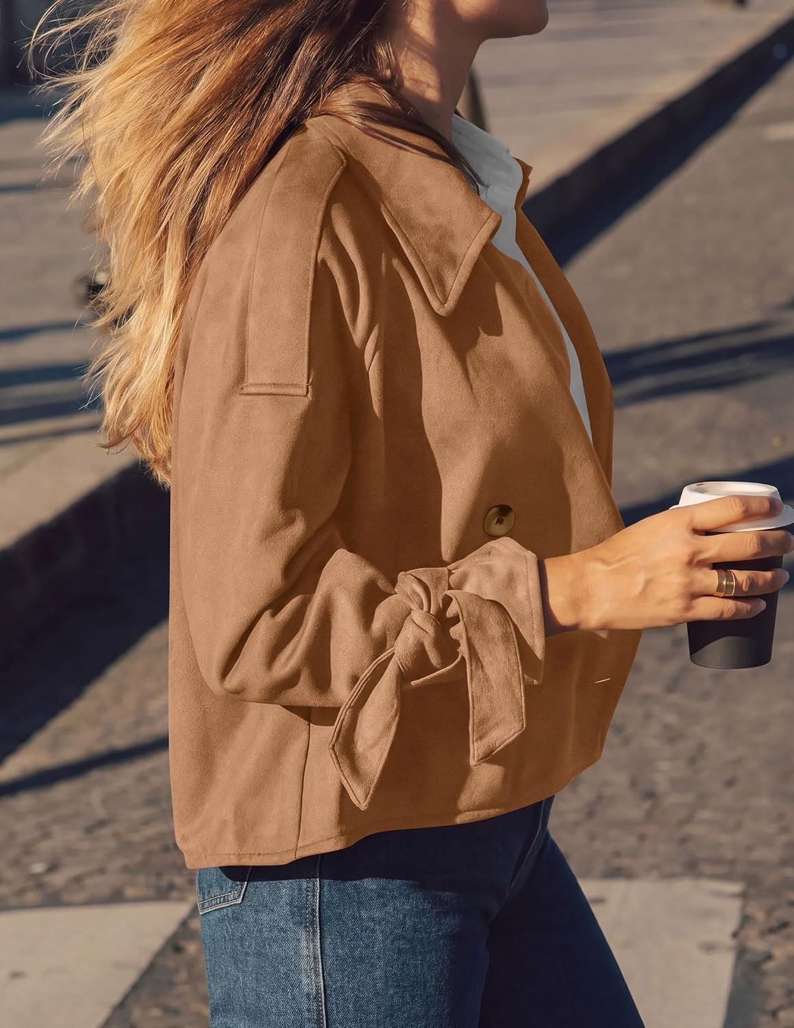 image:imagePRETTYGARDEN Women Faux Suede Double Breasted Trench Coat Cropped JacketsCamel
