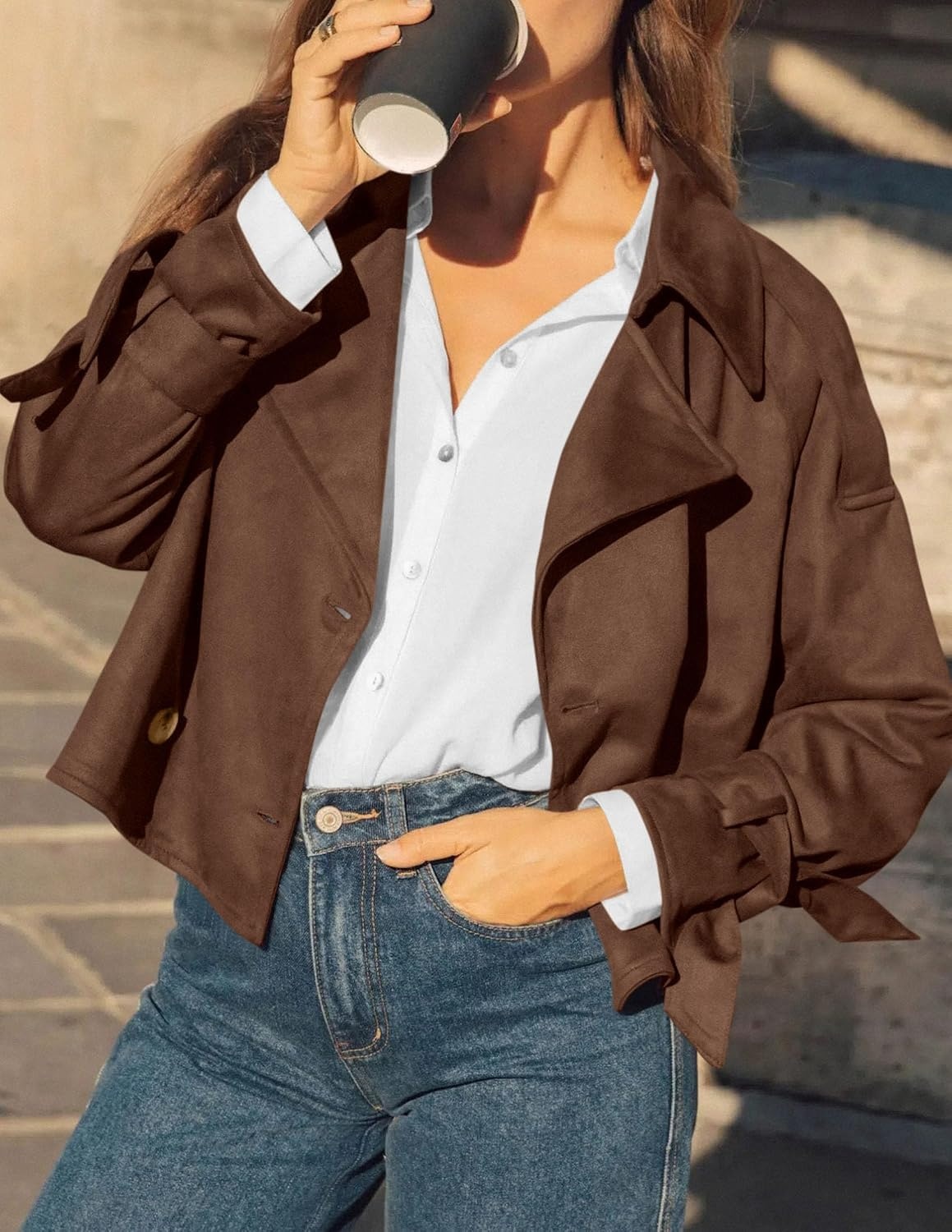 image:imagePRETTYGARDEN Women Faux Suede Double Breasted Trench Coat Cropped JacketsCoffee