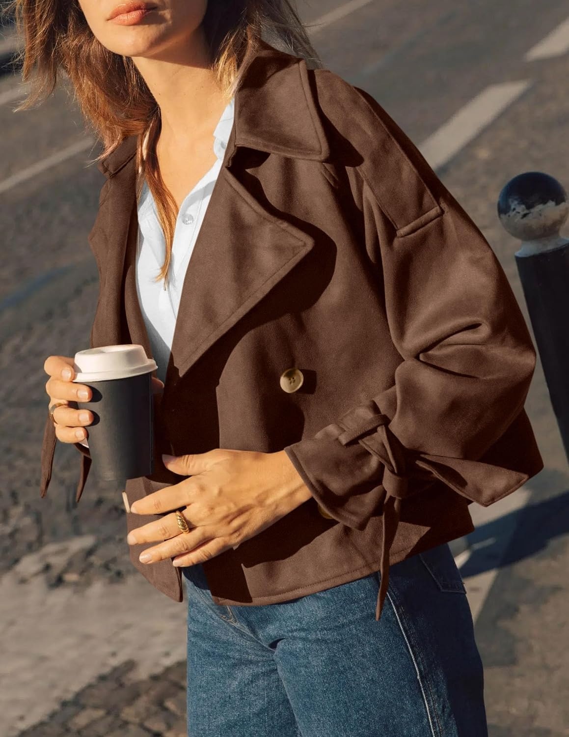 image:imagePRETTYGARDEN Women Faux Suede Double Breasted Trench Coat Cropped JacketsCoffee
