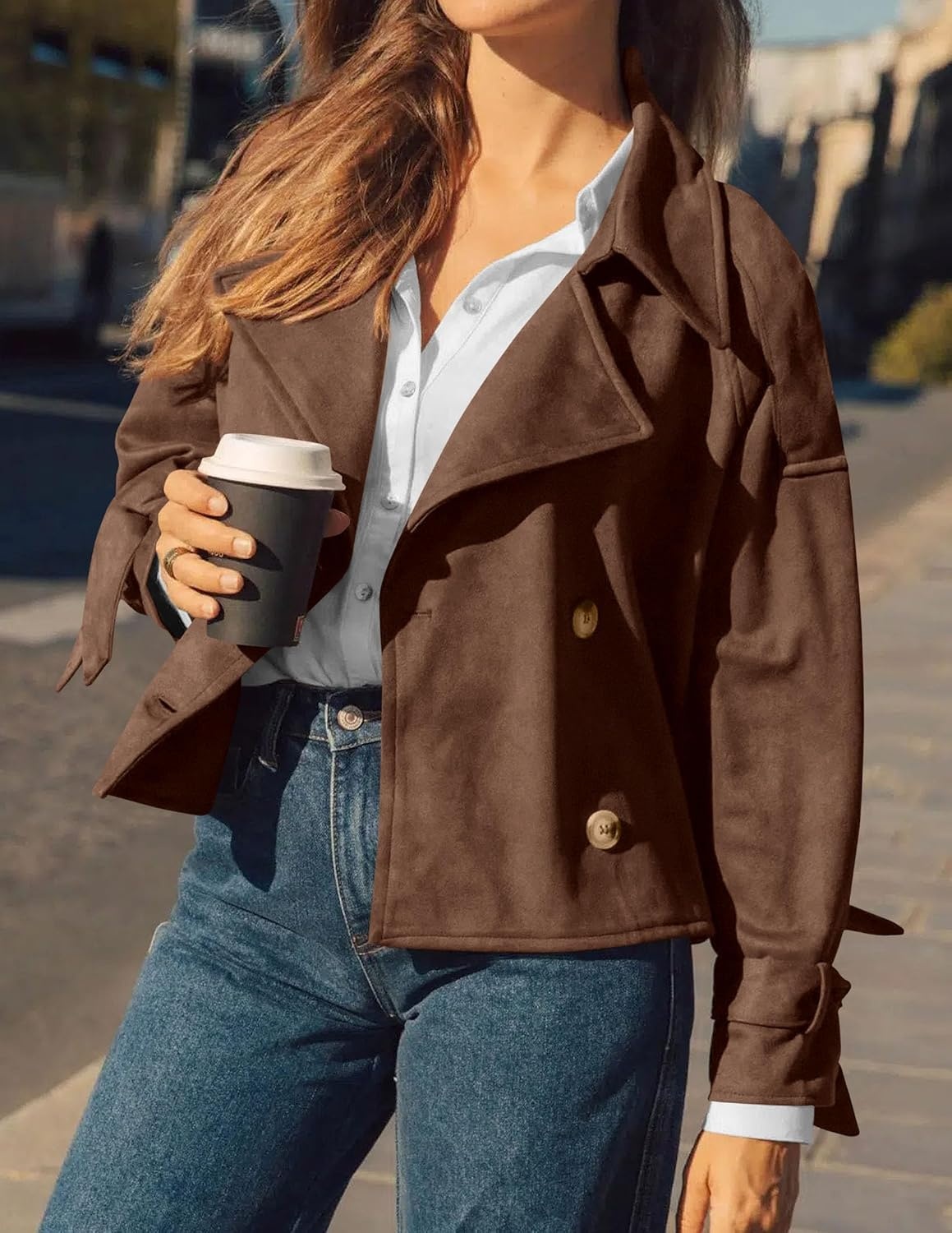 image:imagePRETTYGARDEN Women Faux Suede Double Breasted Trench Coat Cropped JacketsCoffee