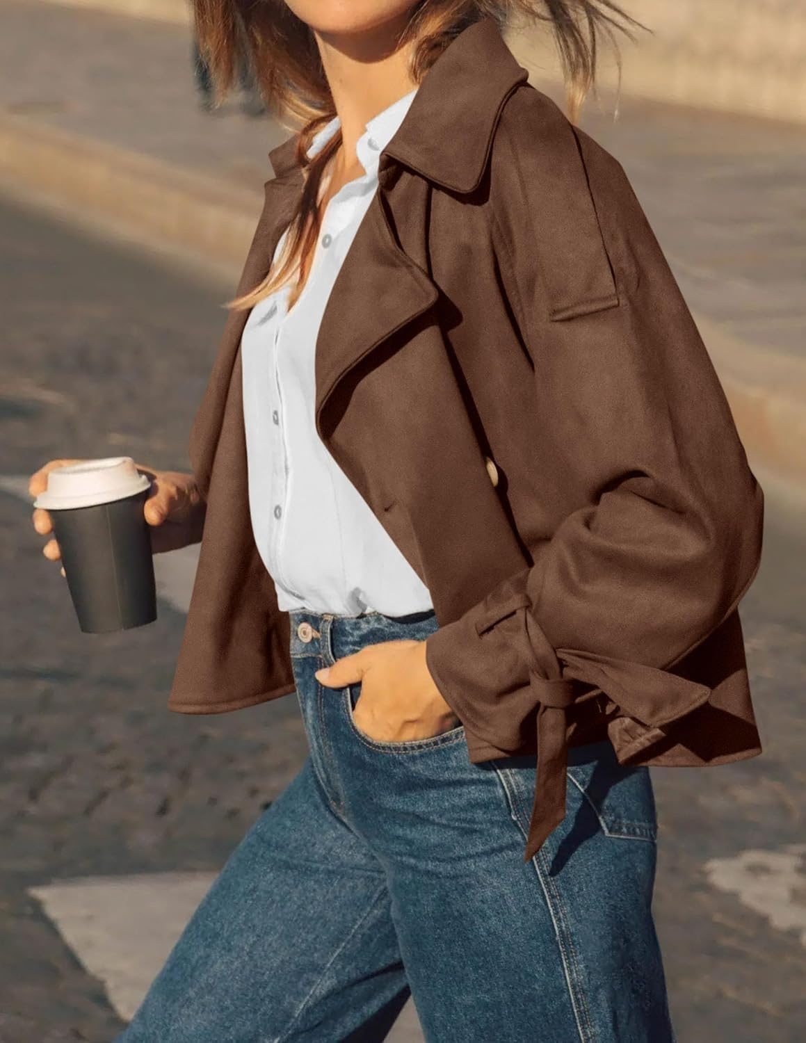 image:imagePRETTYGARDEN Women Faux Suede Double Breasted Trench Coat Cropped JacketsCoffee