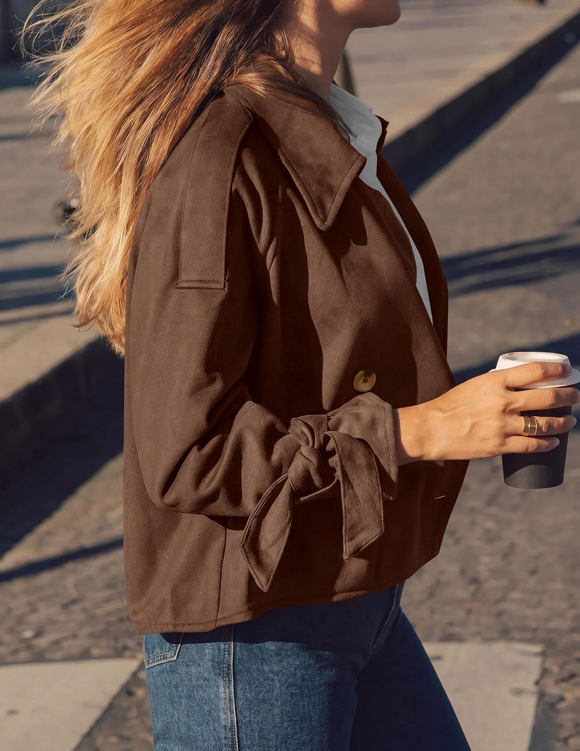 image:imagePRETTYGARDEN Women Faux Suede Double Breasted Trench Coat Cropped JacketsCoffee