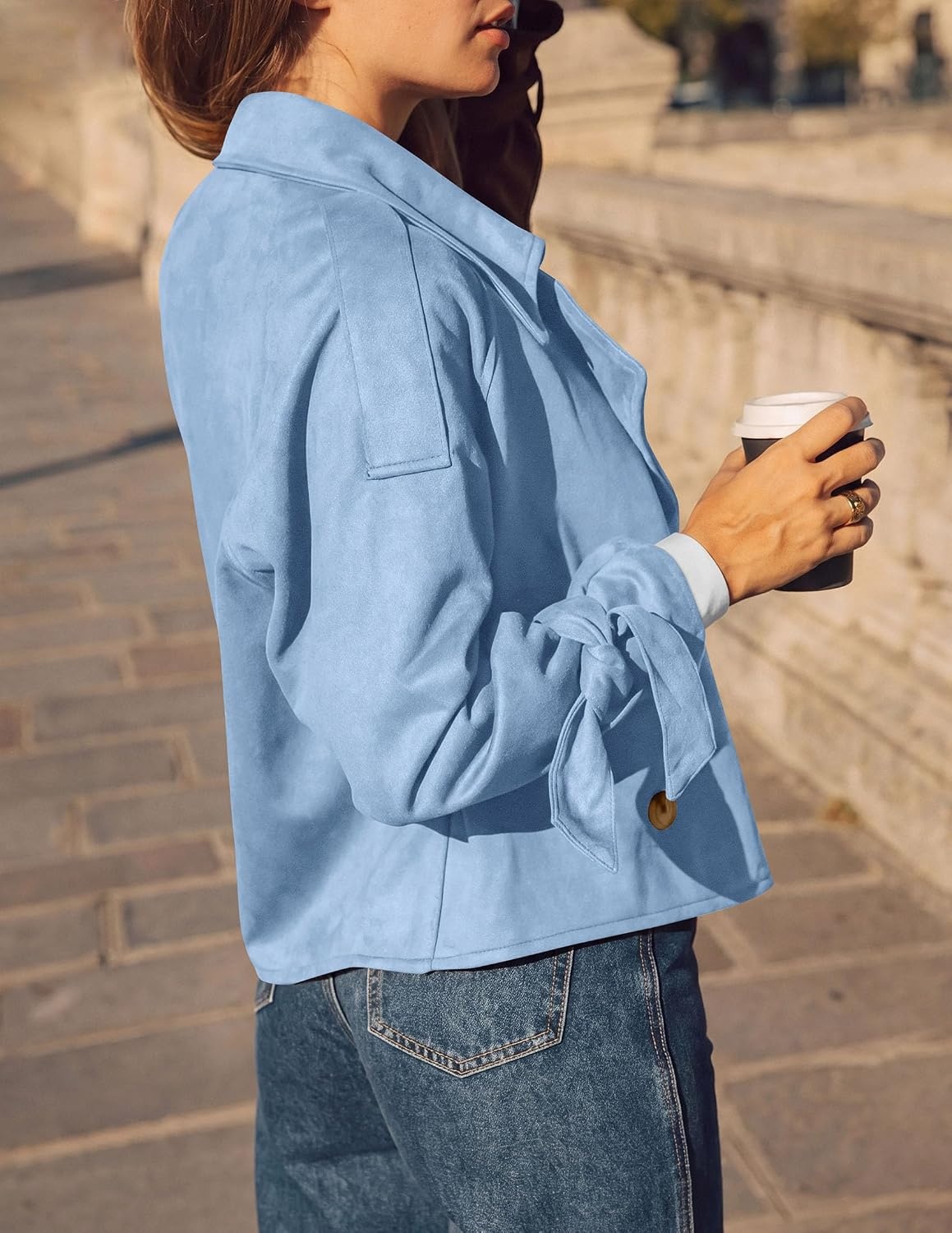 image:imagePRETTYGARDEN Women Faux Suede Double Breasted Trench Coat Cropped JacketsLight Blue