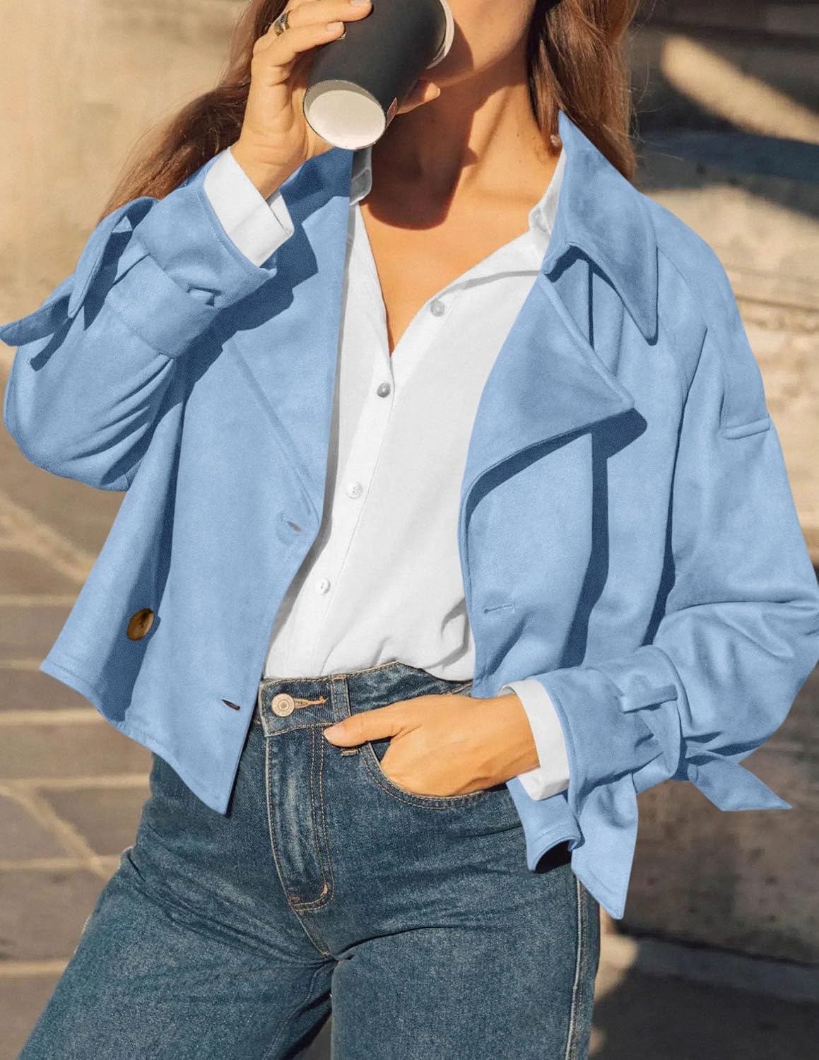 image:imagePRETTYGARDEN Women Faux Suede Double Breasted Trench Coat Cropped JacketsLight Blue