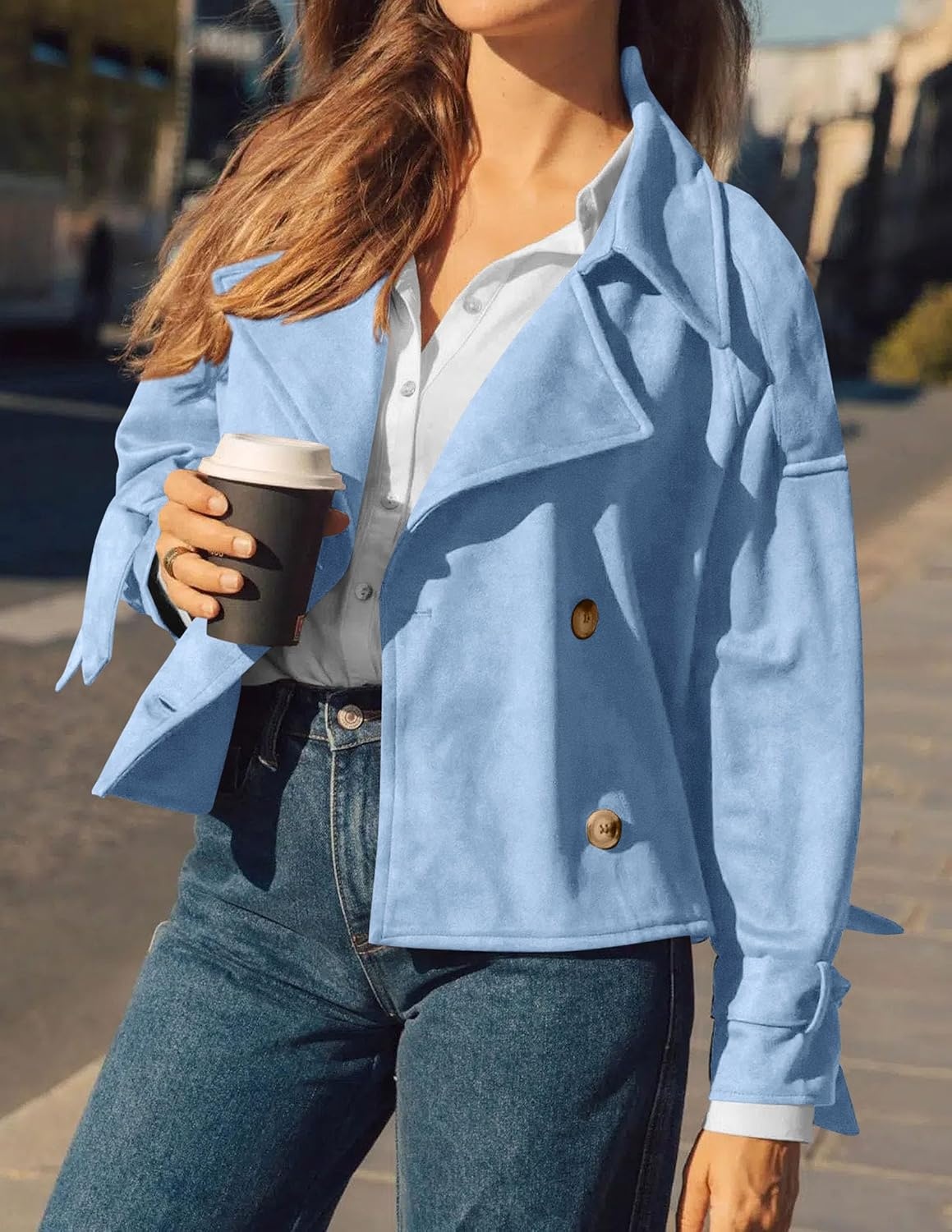 image:imagePRETTYGARDEN Women Faux Suede Double Breasted Trench Coat Cropped JacketsLight Blue