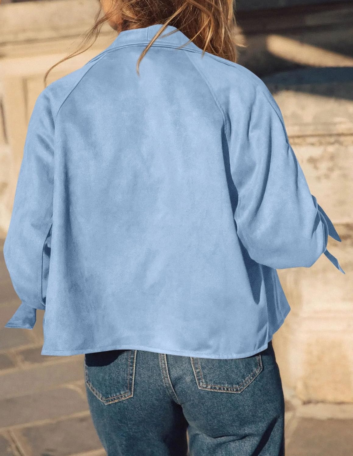 image:imagePRETTYGARDEN Women Faux Suede Double Breasted Trench Coat Cropped JacketsLight Blue