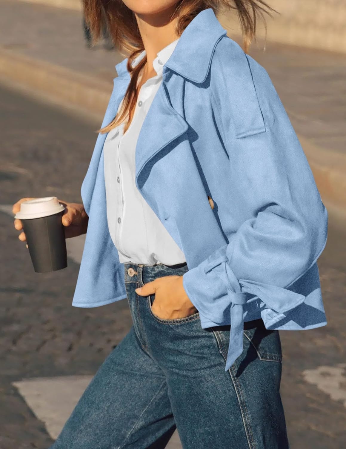 image:imagePRETTYGARDEN Women Faux Suede Double Breasted Trench Coat Cropped JacketsLight Blue