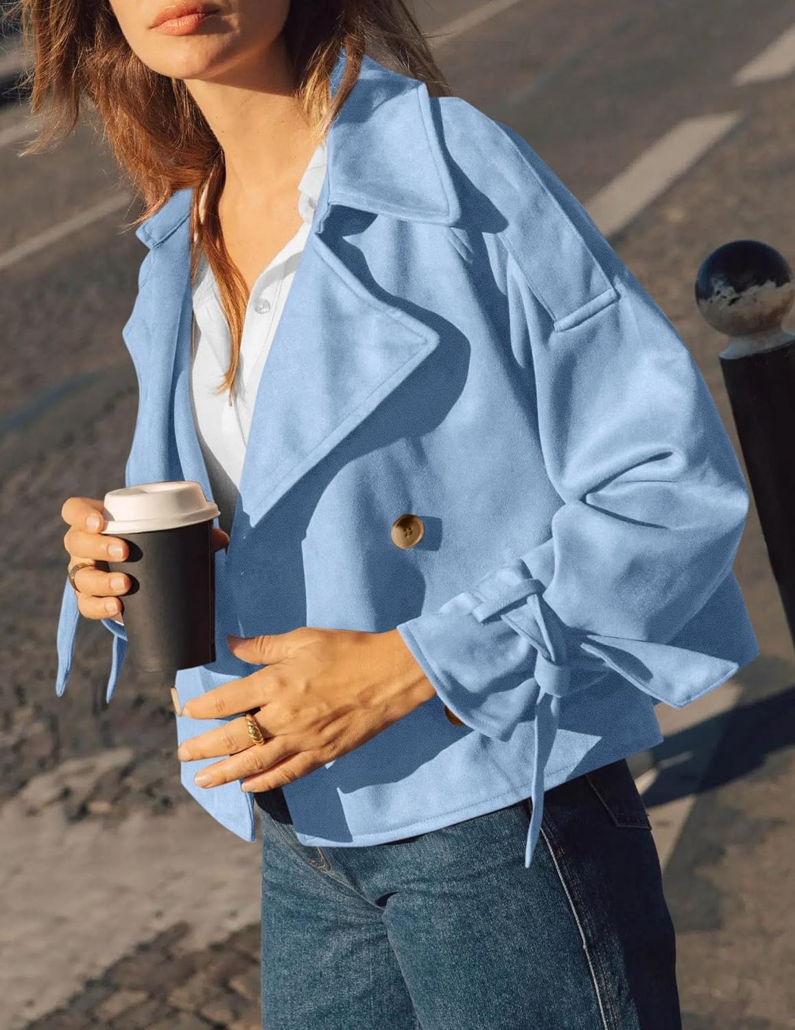 image:imagePRETTYGARDEN Women Faux Suede Double Breasted Trench Coat Cropped JacketsLight Blue