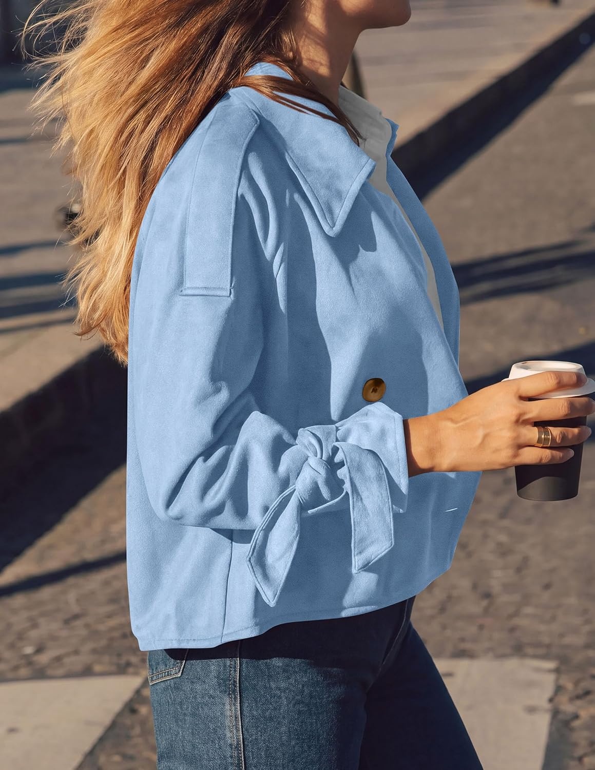 image:imagePRETTYGARDEN Women Faux Suede Double Breasted Trench Coat Cropped JacketsLight Blue