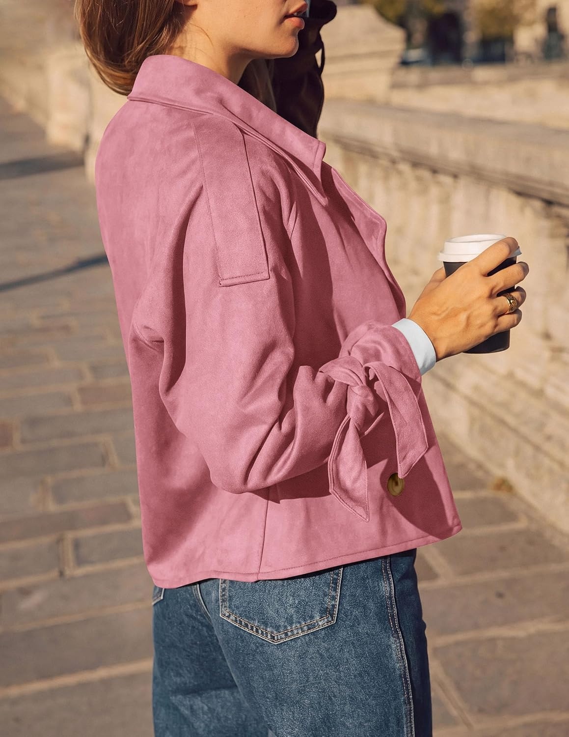 image:imagePRETTYGARDEN Women Faux Suede Double Breasted Trench Coat Cropped JacketsPink
