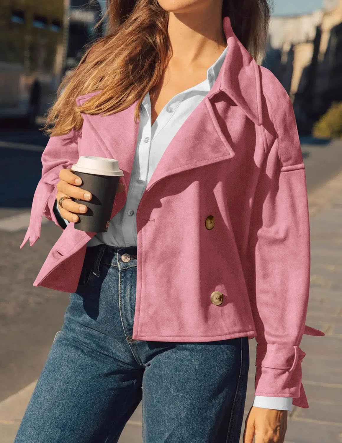 image:imagePRETTYGARDEN Women Faux Suede Double Breasted Trench Coat Cropped JacketsPink