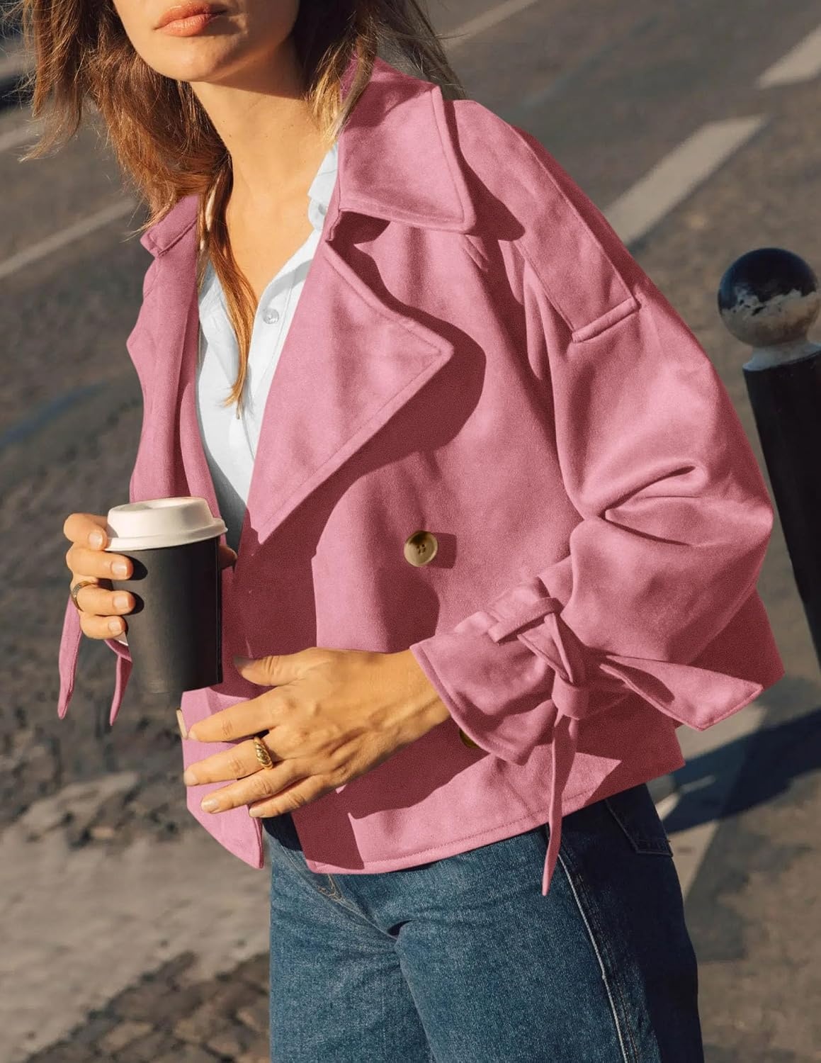 image:imagePRETTYGARDEN Women Faux Suede Double Breasted Trench Coat Cropped JacketsPink