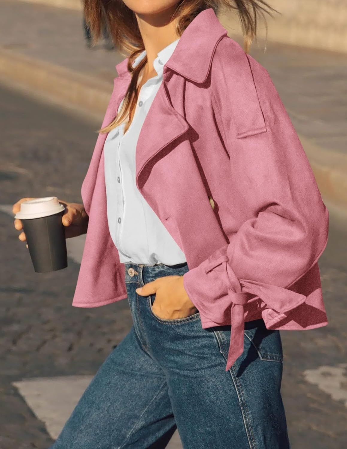 image:imagePRETTYGARDEN Women Faux Suede Double Breasted Trench Coat Cropped JacketsPink