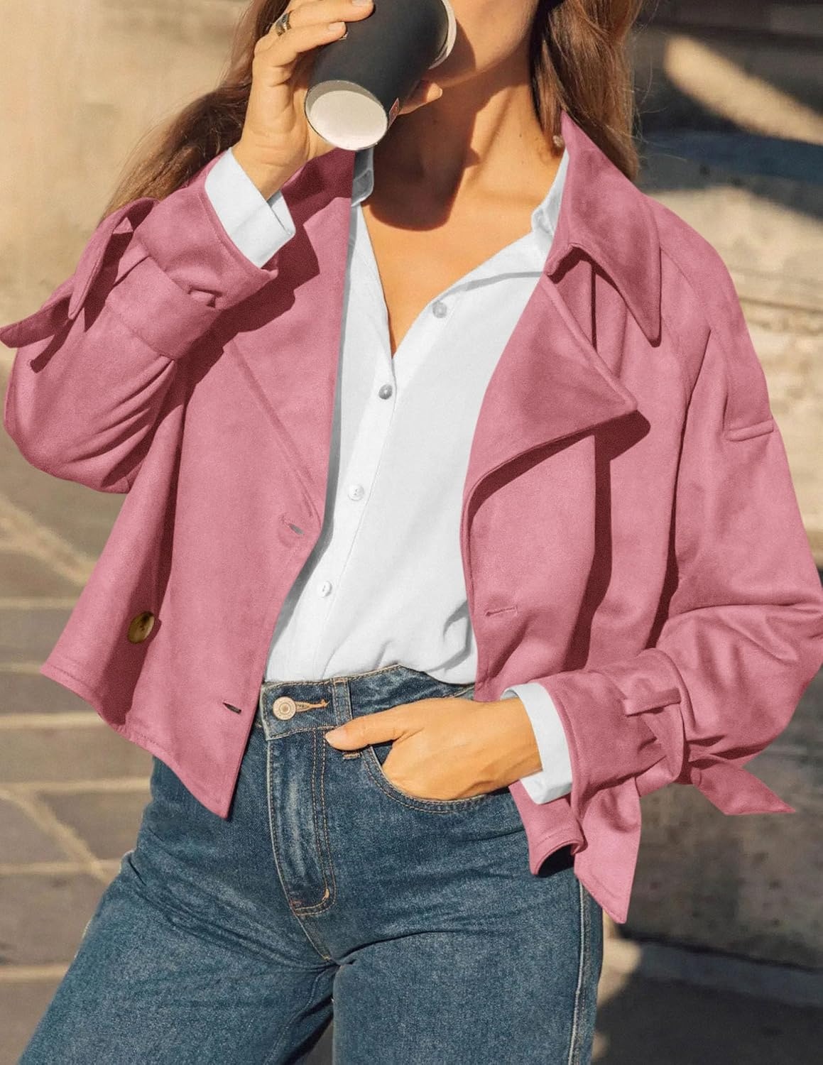 image:imagePRETTYGARDEN Women Faux Suede Double Breasted Trench Coat Cropped JacketsPink
