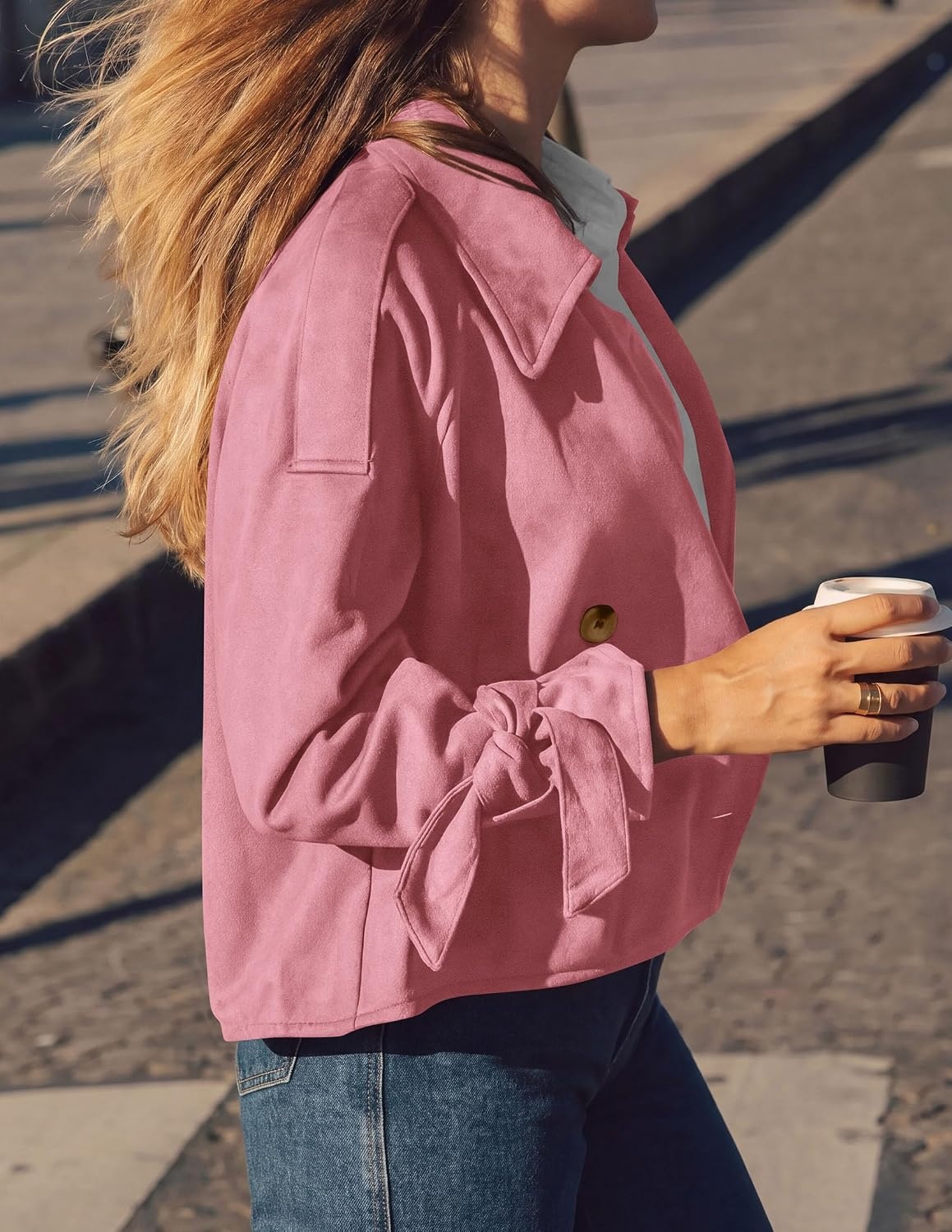 image:imagePRETTYGARDEN Women Faux Suede Double Breasted Trench Coat Cropped JacketsPink