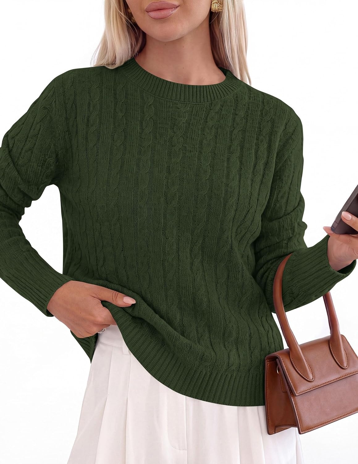 image:imagePRETTYGARDEN Womens Cable Knit Sweaters Long Sleeve Pullover Fall OutfitsArmy Green